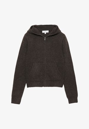 Felpa con zip marrone caratterizzata da una texture morbida, maniche lunghe, un ampio cappuccio e due tasche frontali. Design semplice e classico.