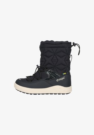 Schwarze wasserdichte Schneestiefel mit einem strukturierten, gesteppten Obermaterial, elastischem Schnürsystem und einer weißen Gummisohle für besseren Halt.