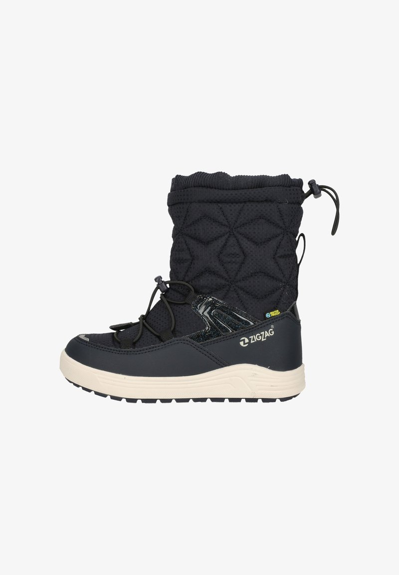 Svart vattentät snöboot med en texturerad kviltad ovandel, elastiskt snörningssystem och en vit gummisul för bra grepp.