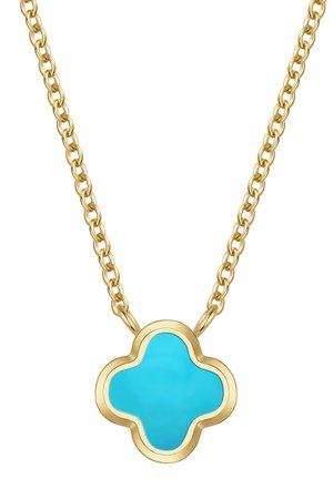 Gouden ketting met een hanger in de vorm van een klavertjevier van turkoois, omlijst door goud, tegen een witte achtergrond.