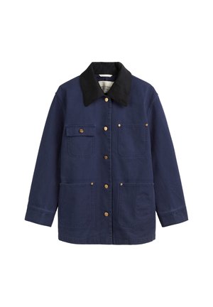 Navy jacket with a black collar, featuring gold buttons, four pockets, and a relaxed fit. Made of durable fabric with a smooth texture.