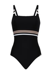 Sort badedragt i ét stykke med justerbare stropper, et farveblokdesign med beige og hvide striber over taljen og en glat tekstur.