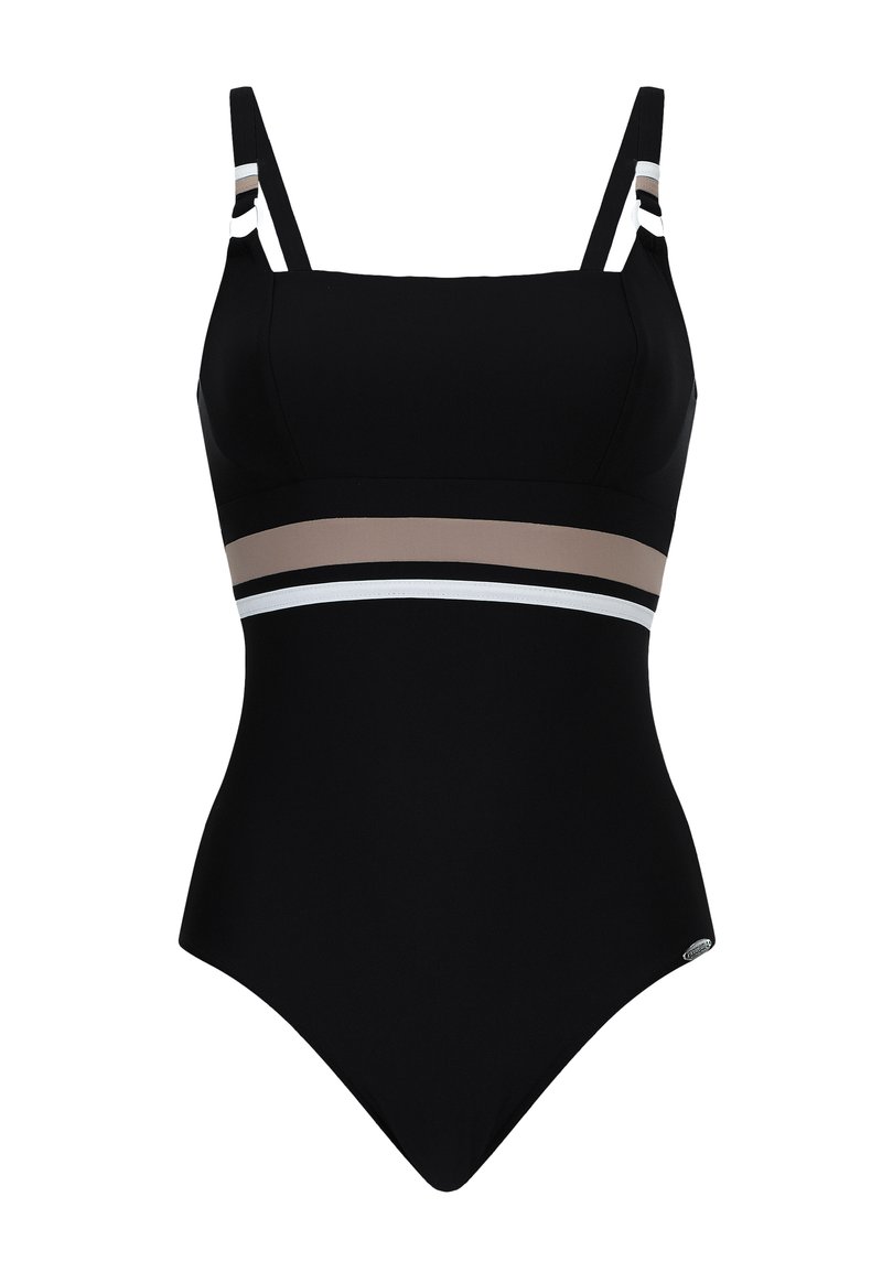 Sort badedragt i ét stykke med justerbare stropper, et farveblokdesign med beige og hvide striber over taljen og en glat tekstur.