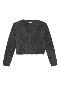 Zwart en grijs cropped cardigan met een V-hals, lange mouwen en vijf knoopsluitingen. Gemaakt van een zachte, gestructureerde breisel.