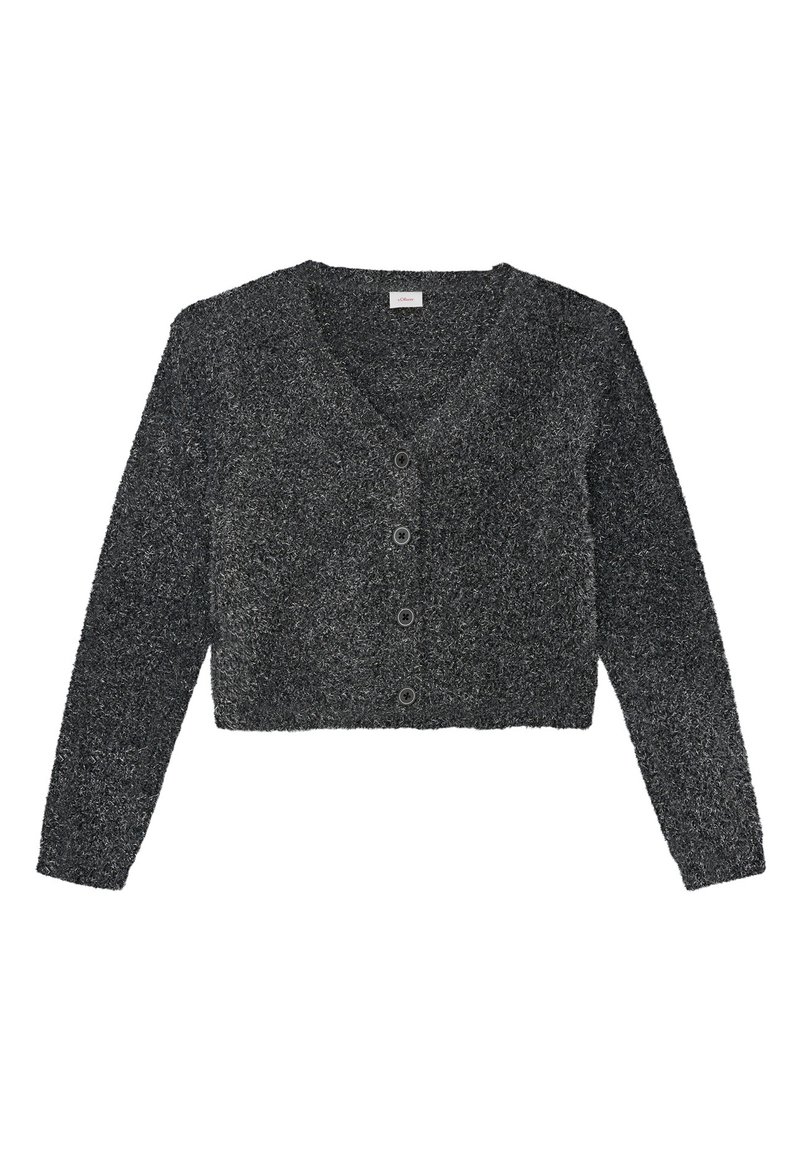 Zwart en grijs cropped cardigan met een V-hals, lange mouwen en vijf knoopsluitingen. Gemaakt van een zachte, gestructureerde breisel.