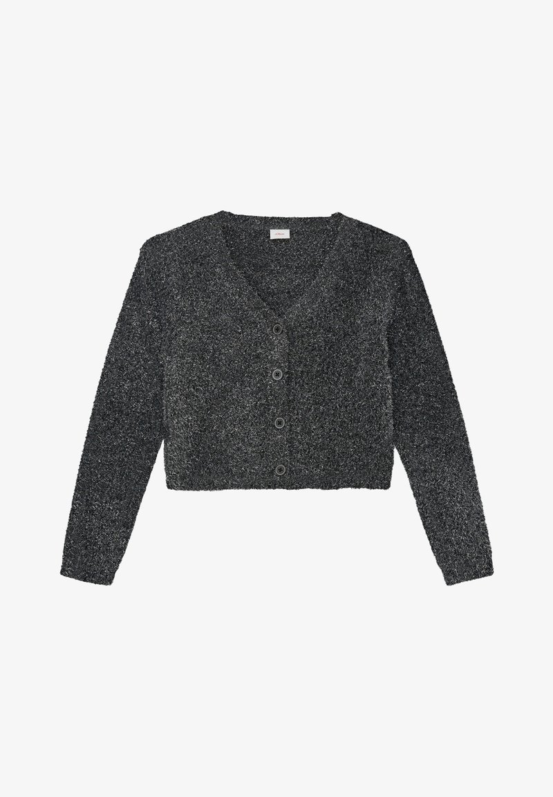 Czarny i szary, krótki kardigan z dekoltem w serek, długimi rękawami i pięcioma zapięciami na guziki. Wykonany z miękkiego, teksturowanego materiału dzianinowego.