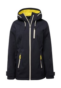 Veste softshell bleu marine avec une capuche doublée en polaire jaune, des accents beiges, des poignets ajustables et plusieurs poches zippées.