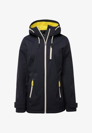 Granatowa kurtka softshell z żółtym kapturem wyłożonym fleecem, beżowymi akcentami, regulowanymi mankietami oraz wieloma zamykanymi na zamek kieszeniami.