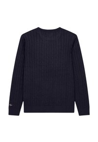 Granatowy sweter z dzianiny o splocie w warkocze, okrągły dekolt, długie rękawy oraz ściągacze na rękawach i u dołu. Zawiera mały detal logo na ściągaczu.
