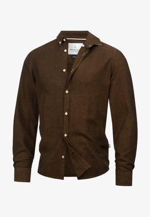 Dark brown button-up shirt with a collar, long sleeves, and a textured fabric. Features light-colored buttons and sequential button placket.