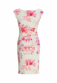 Robe blanche sans manches avec imprimé floral rose, silhouette ajustée et détail de fermeture éclair au dos.
