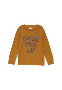 Langemouws mosterdkleurig shirt met ronde hals, met de tekst "KIES JE AUTOS" in blauw en zwarte gestreepte letters.