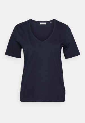 Navy blue V-neck t-shirt with short sleeves, made of soft cotton material. Features a basic design and a small brand tag on the side.