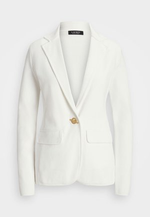 Blazer blanc à un bouton avec revers crantés et poches avant à rabat, coupe ajustée, conçu par Lauren Ralph Lauren.