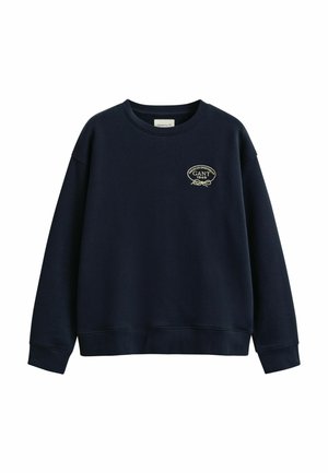 Marineblauer Langarm-Sweatshirt mit rundem Ausschnitt und kleinem cremefarbenem Logo mit der Aufschrift "American Sportswear GANT 1949" auf der linken Brust.