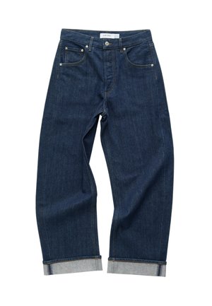 Dark blue denim jeans with a relaxed fit, folded cuffs, five-pocket design, and subtle orange stitching. Features a brand label at the waist.