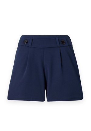 Shorts ajustés bleu marine en tissu léger, avec deux plis devant et deux boutons noirs à la taille.