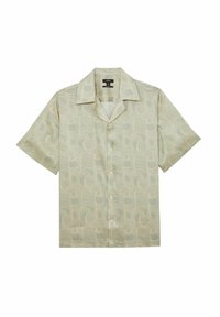 Korte mouwen shirt in lichtgroen met een zwirled patroon. Materiaal is glad met een knoopsluiting aan de voorkant en een klassieke kraag.