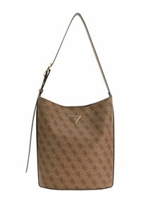 Sac à épaule marron à motifs avec une texture lisse, doté d'un logo triangulaire doré et d'une seule sangle ajustable.