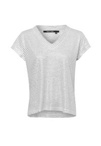 Weißes Kurzarm-V-Ausschnitt-Shirt mit grauen horizontalen Streifen, aus leichtem Material, mit einer lockeren Passform und subtiler Textur.