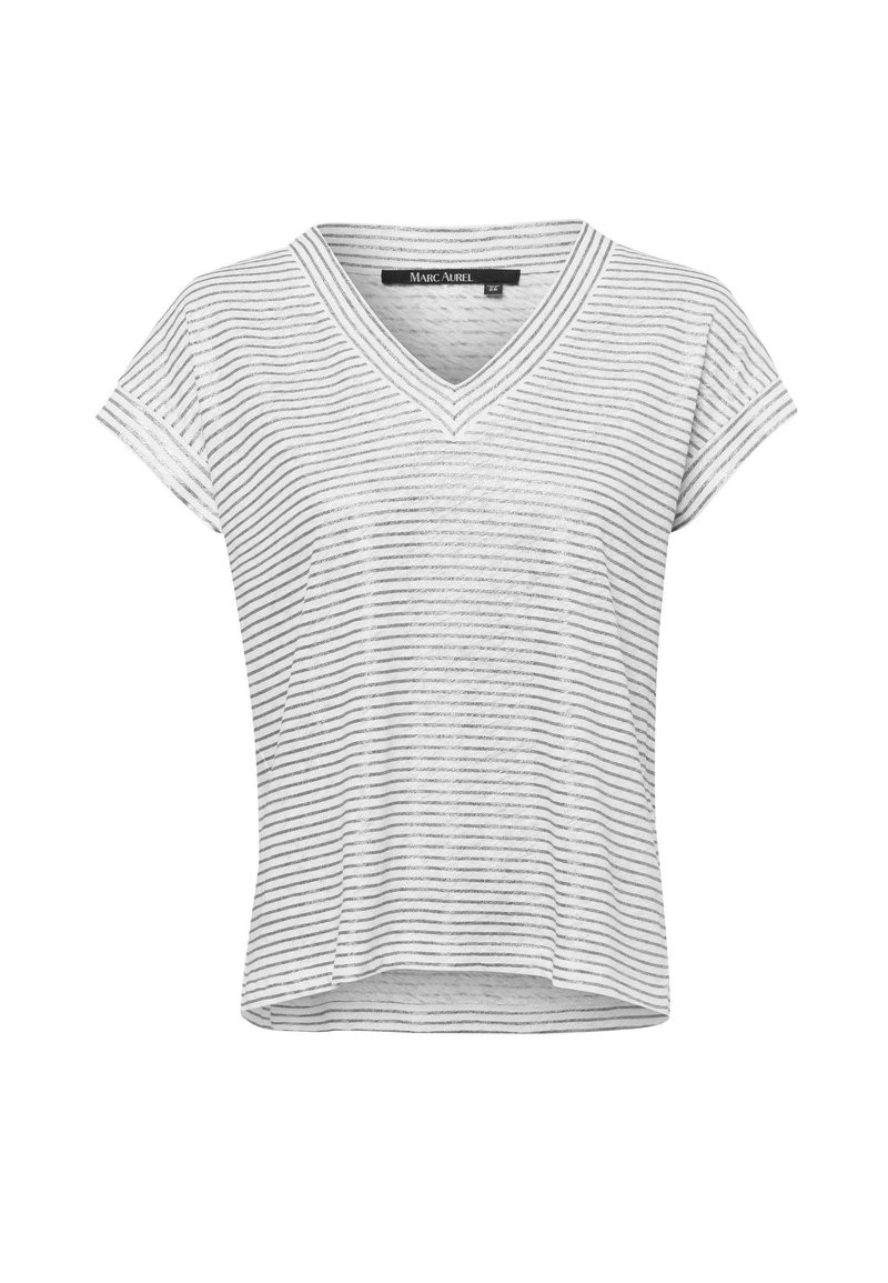 Weißes Kurzarm-V-Ausschnitt-Shirt mit grauen horizontalen Streifen, aus leichtem Material, mit einer lockeren Passform und subtiler Textur.