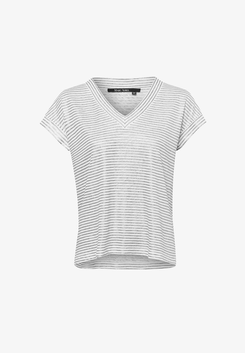 Weißes Kurzarm-V-Ausschnitt-Shirt mit grauen horizontalen Streifen, aus leichtem Material, mit einer lockeren Passform und subtiler Textur.