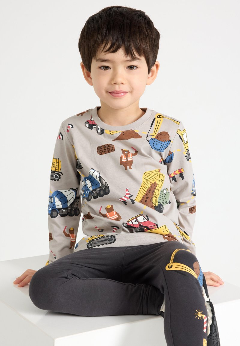 Maglietta a maniche lunghe in cotone con motivo escavatore per ragazzi T-shirt girocollo grigia, bianco e nero., 1-2 Anni