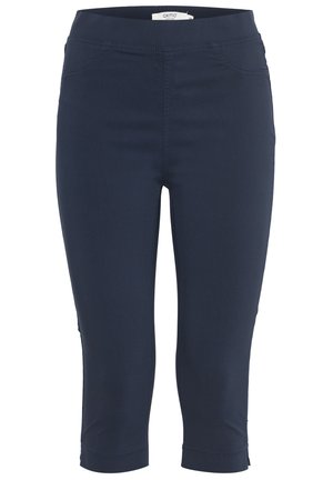 Navyblaue Caprihose aus dehnbarem Material, mit weitem Bund, Vordertaschen und schlanker Passform.