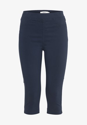 Navyblaue Caprihose aus dehnbarem Material, mit weitem Bund, Vordertaschen und schlanker Passform.