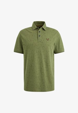 Polo shirt in olijfgroen met een gestructureerd patroon, drie-knopen sluiting, contrasterende afwerking en een geborduurd logo op de borst.
