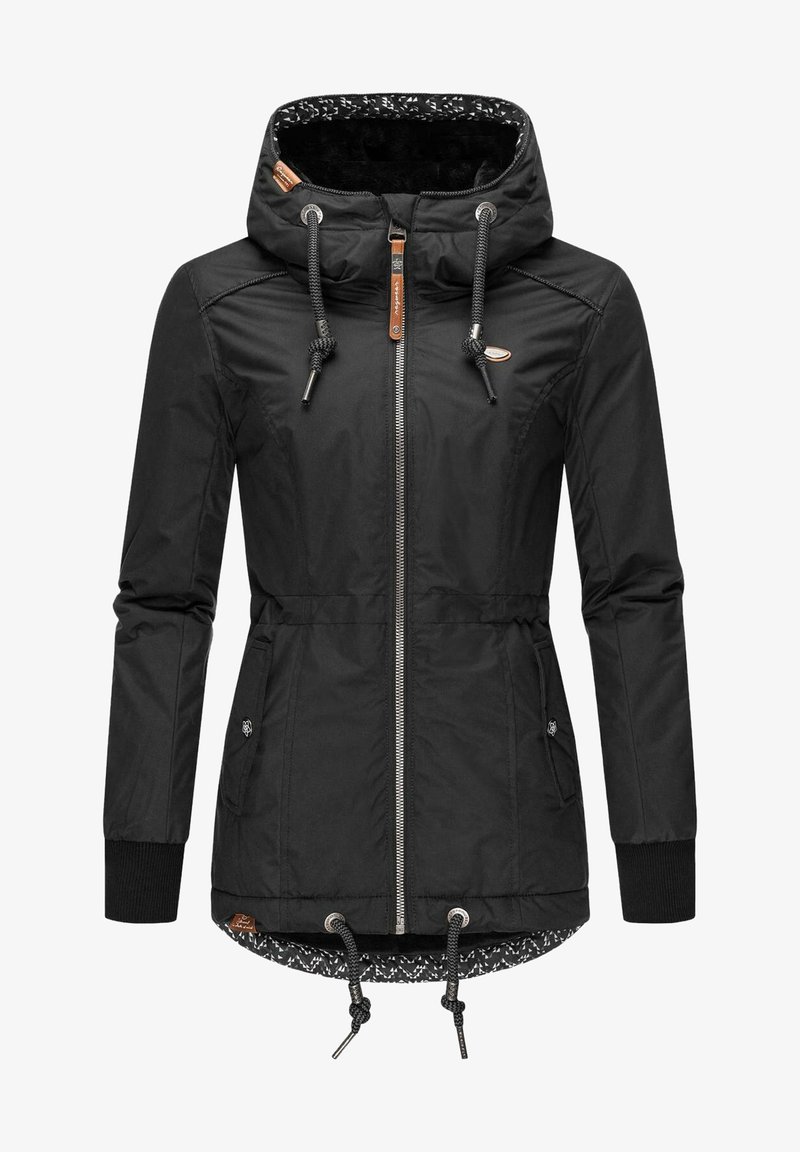 Juodas džemperis su kapišonu, turintis užtrauktuką, reguliuojamus raiščius, pūstus rankogalius ir raštuotą vidinę pamušalą.