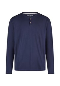 Navy lange mouwen henley-shirt van zacht katoen met een ronde hals, drieknoopsluiting en rechte zoom. Soepele textuur en eenvoudig ontwerp.