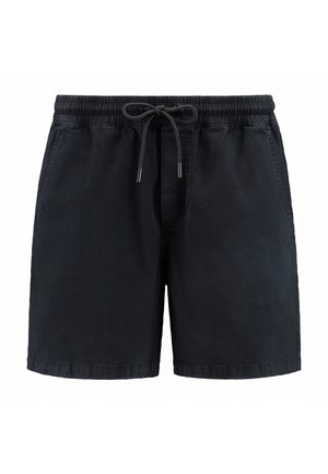 Black shorts with an elastic waistband and drawstring. Made of soft fabric, featuring side pockets and a straight cut design.