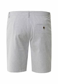 Grau gestreifte Shorts mit geradem Schnitt, zwei Gesäßtaschen und einem Knopfdetail. Hergestellt aus leichtem Stoff, geeignet für legere Anlässe.