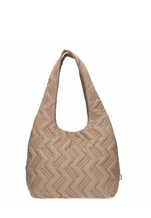 Beige gesteppte Schultertasche mit Zickzack-Steppmuster und breitem Träger, entworfen für den Casual-Gebrauch und einfaches Tragen.