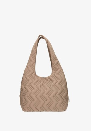Beige gesteppte Schultertasche mit Zickzack-Steppmuster und breitem Träger, entworfen für den Casual-Gebrauch und einfaches Tragen.