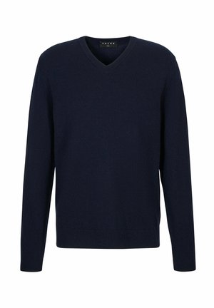 Navyblauwe V-hals trui met lange mouwen, geribbelde manchetten en zoom, gelabeld maat L.