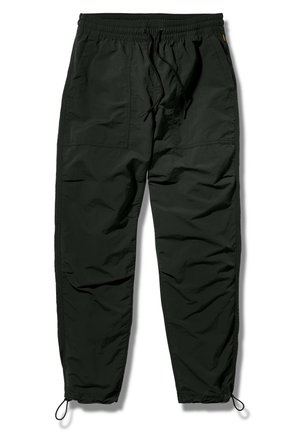 Zwarte taps toelopende broek met elastische tailleband, voorzakken, taille- en enkelkoorden, gemaakt van lichtgewicht stof.