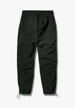Pantaloni neri a gamba affusolata con vita elastica, tasche applicate frontali, coulisse in vita e alle caviglie, realizzati in tessuto leggero.