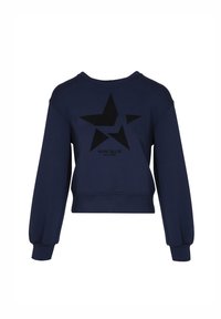 Felpa cropped blu navy con collo rotondo e maniche a palloncino. Presenta un grande design di una stella nera e il logo "MARC ELLIS NEW YORK" sul retro.