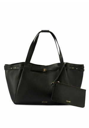 Czarna torebka typu tote z ziarnistej skóry z podwójnymi uchwytami i odpinaną, zapinaną na zamek kieszonką, obie z tłoczonym złotym logo OCHNIK.