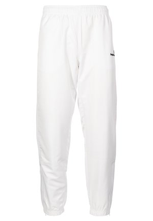 Witte sportbroek met een elastische tailleband, taps toelopende enkels en een zachte textuur. Bevat een klein logo aan de linkerkant.