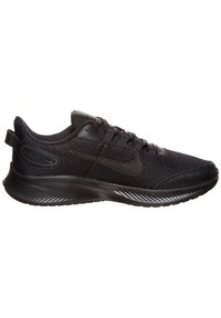 Chaussures de sport noires avec dessus en mesh, bout arrondi, marquage minimal, superpositions texturées et semelle coussinée pour un bon maintien.