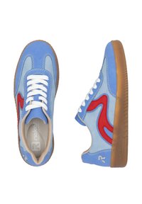 Blue suede sneakers with red accents, white laces, and a gum sole. Rounded toe and curved side design with contrasting stitching details.