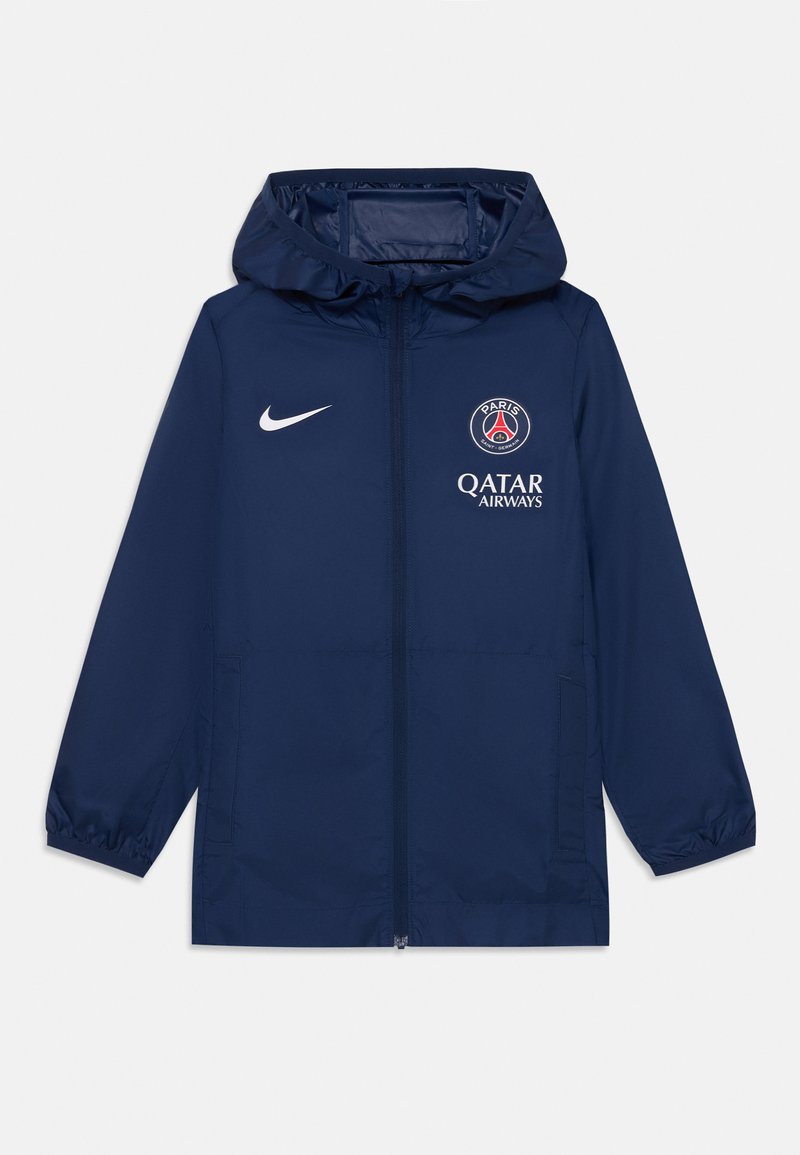 Navy blue windbreaker with a hood, front zipper, and elastic cuffs. Features the Nike logo and Paris Saint-Germain logo with Qatar Airways text.