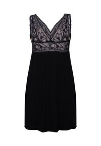 Czarna sukienka z dekoltem w kształcie litery V, z przezroczystą koronkową górą w kwiatowy wzór, zwiewnym dołem i falbankami na ramiączkach.