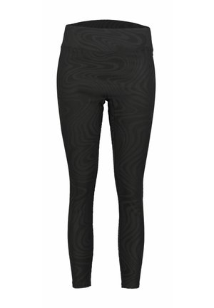 Czarne legginsy z teksturowanym wzorem spiralnym, z wysokim stanem, dopasowanym krojem i gładkim wykończeniem materiału. Odpowiednie do aktywności fizycznej.