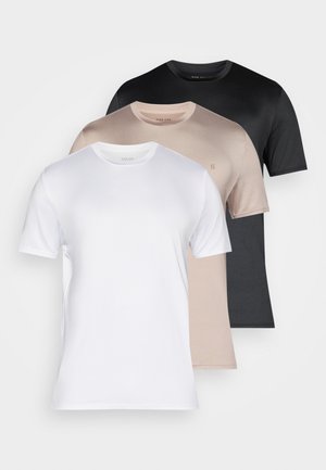 Tri tričká s krátkym rukávom v bielej, béžovej a čiernej farbe. Vyrobené z hladkého materiálu s okrúhlym výstrihom a jemným logom na prednej strane.