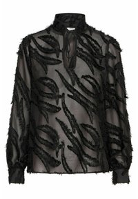 Blusa nera trasparente con maniche lunghe, caratterizzata da motivi astratti neri e pelosi, colletto alto e dettaglio con cravatta frontale. Tessuto leggero e strutturato.