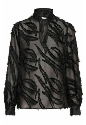Blusa nera trasparente con maniche lunghe, caratterizzata da motivi astratti neri e pelosi, colletto alto e dettaglio con cravatta frontale. Tessuto leggero e strutturato.